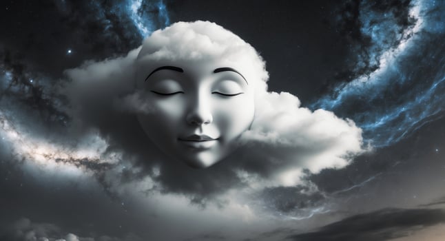 Cosmic energy swirls around a serene face formed by clouds. photo