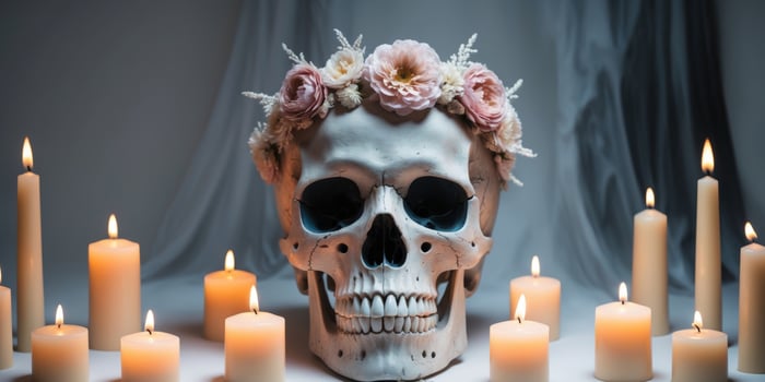 Mysterious Skull with Floral Crown Surrounded by Candles. photo