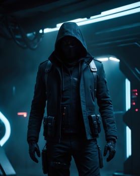 Mysterious Figure in Dark Technology Setting. photo
