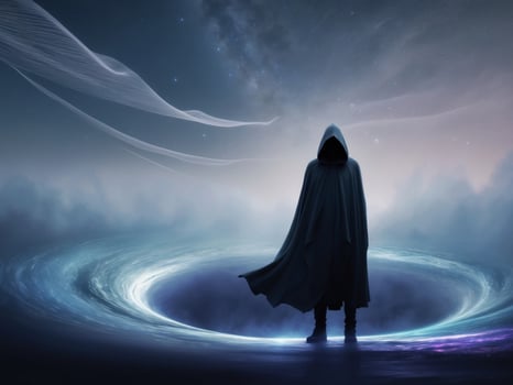 Mystical Cloaked Figure Overlooking Cosmic Vortex. photo