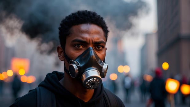 Young activist wearing a gas mask during a protest in a city filled with smoke in the evening hours. photo