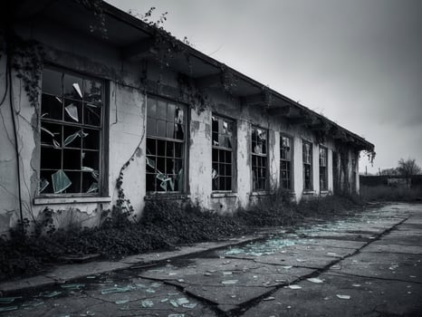 Old rotten abandoned building with broken windows. photo