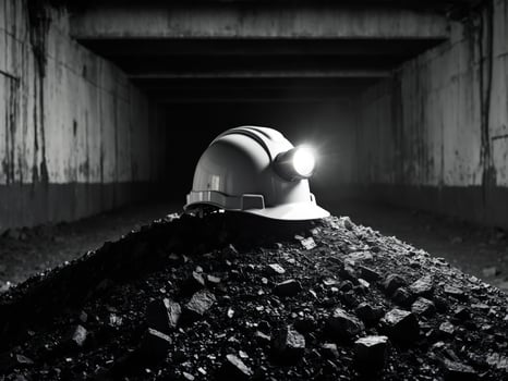 Safety Helmet With Headlamp on Coal in Dark Mine. photo