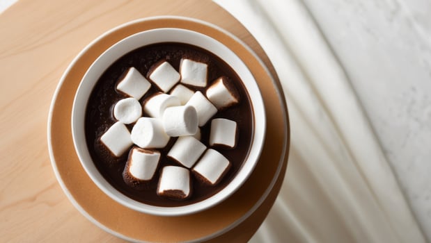 Steaming bowl of hot chocolate topped with melted marshmallows on a wooden table. photo