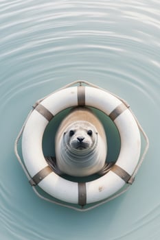 Seal relaxing in a life ring in cold water. photo