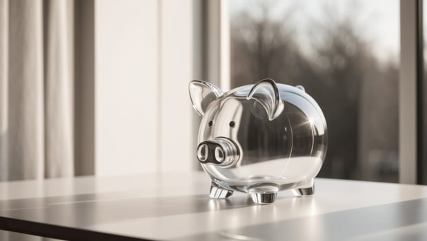 A clear glass piggy bank placed on a table near a window with soft sunlight illuminating it. photo