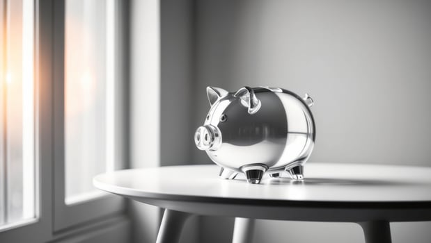 A clear glass piggy bank placed on a table near a window with soft sunlight illuminating it. photo