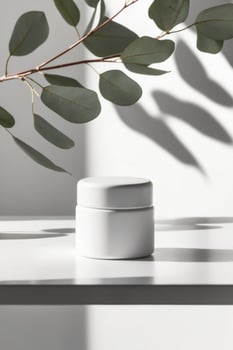 White cosmetic jar mockup casting a shadow on a white table with eucalyptus branches shadow background. photo
