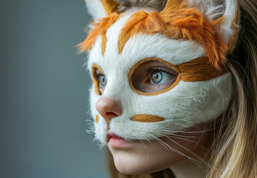 Girl wearing a gray cat animal mask made of felt fabric. Quadrobists,. photo