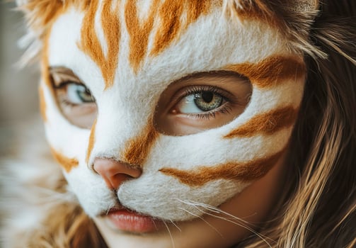 Girl wearing a gray cat animal mask made of felt fabric. Quadrobists,. photo