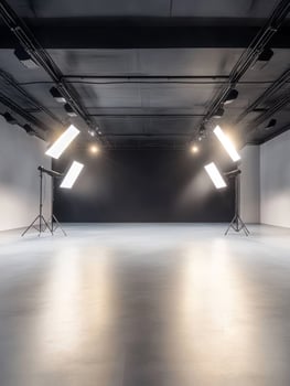This is a spacious and completely empty photo studio that boasts modern lighting setups along with a sleek, minimalistic design, making it the ideal space for an array of diverse photography projects