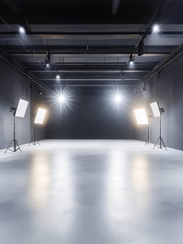 This spacious and empty photo studio boasts modern lighting setups, making it an ideal choice for a wide range of photography and videography projects, ensuring excellent visual outcomes