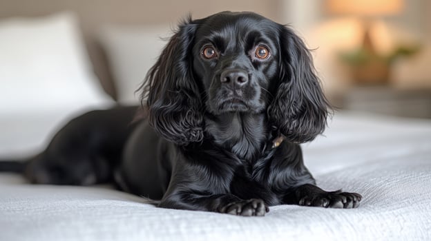 A cheerful black dog lounges comfortably, showcasing its playful spirit and shiny fur photo