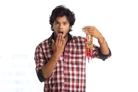 Young men showing rakhi in hand and giving expression on an occasion of Raksha Bandhan festival. photo