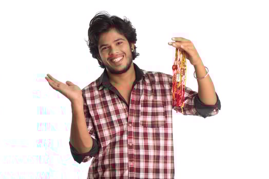 Young men showing rakhi in hand and giving expression on an occasion of Raksha Bandhan festival. photo