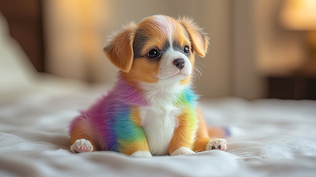 A playful puppy with rainbow-colored fur sits adorably on a soft blanket, radiating joy photo