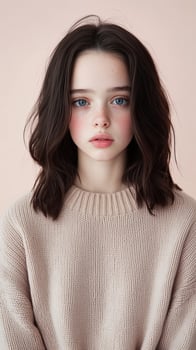 Young girl with natural beauty in soft sweater against pastel background photo
