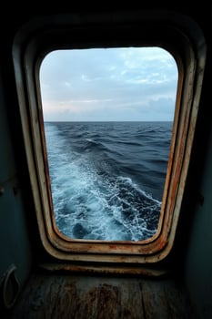 View of ocean waves through a ship's window at sunset photo