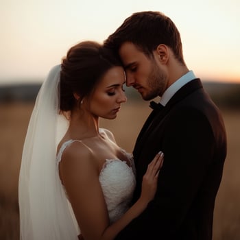 Couple sharing a romantic moment in a field at sunset during their wedding photo