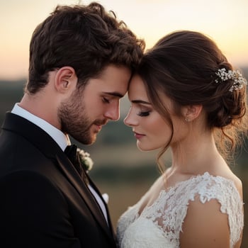 Couple sharing a tender moment during sunset at an outdoor wedding photo