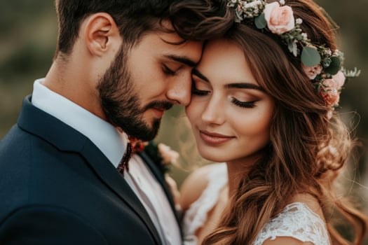 Couple embracing at sunset during outdoor wedding ceremony photo