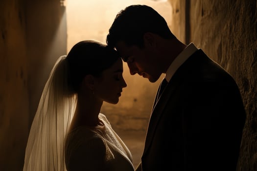 Couple sharing an intimate moment during a wedding ceremony outdoors photo