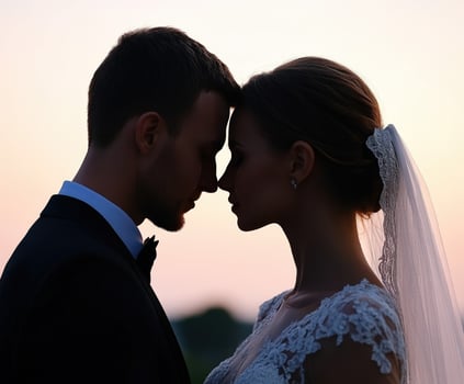 Couples share a romantic moment at sunset in an outdoor wedding setting photo