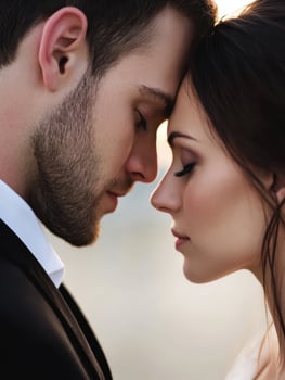 Couple embraces intimate moment during sunset backdrop photo