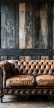 Elegant brown leather chesterfield sofa against rustic wooden wall photo