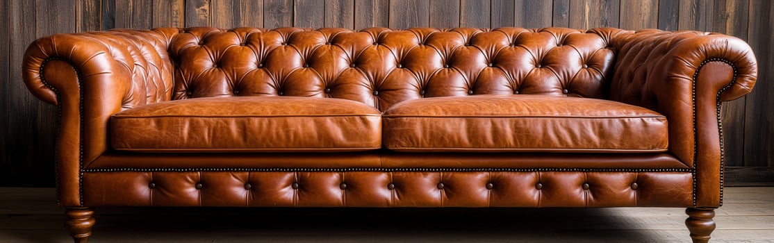 Elegant brown leather tufted sofa in rustic interior setting photo