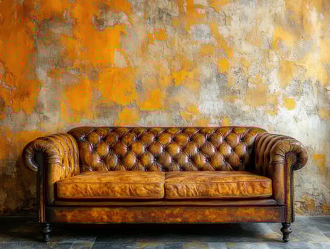 Vintage leather sofa against textured orange wall in cozy room photo