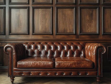 Leather chesterfield sofa against a rich wooden paneled wall photo