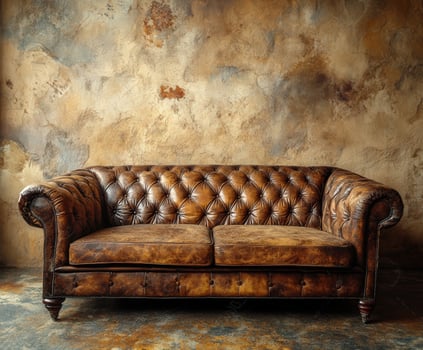 Elegant brown leather sofa against textured wall in cozy interior photo