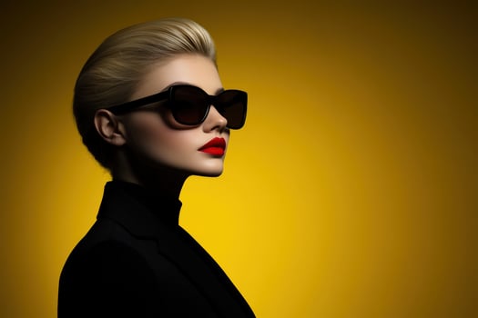 Blonde fashion model showcases bold style against yellow background photo
