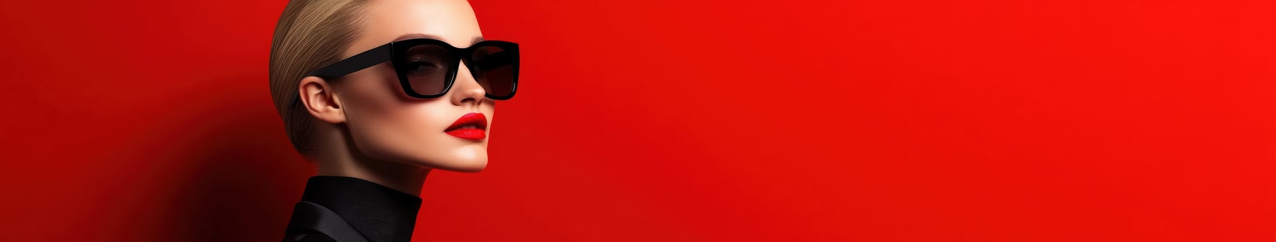 Blonde fashion model poses in stylish sunglasses against red background photo