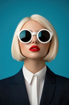 Blonde fashion model poses in stylish sunglasses against a blue backdrop photo