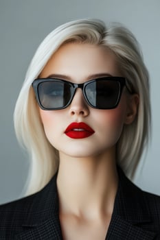 Blonde fashion model posing confidently in stylish sunglasses indoors photo