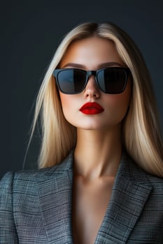 Blonde fashion model in sunglasses showcasing stylish confidence indoors photo