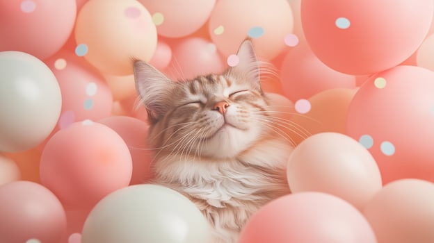 Beautiful fluffy cat surrounded by colorful balloons and confetti photo