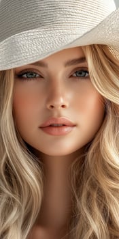 Beautiful woman with long blonde hair wearing a wide-brimmed hat photo