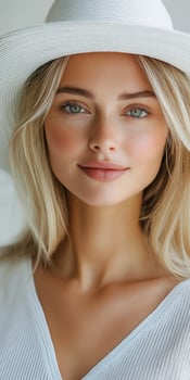 Young woman with blonde hair wearing a white hat smiling softly photo