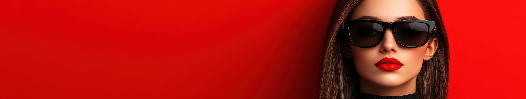 Stylish woman with sunglasses against a vibrant red background photo