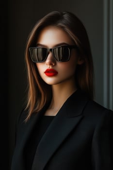 Confident woman in sunglasses poses elegantly in a dark setting photo