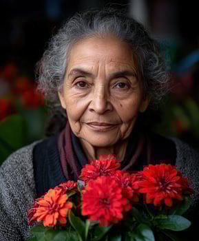 Elderly woman holding vibrant flowers in a market setting photo