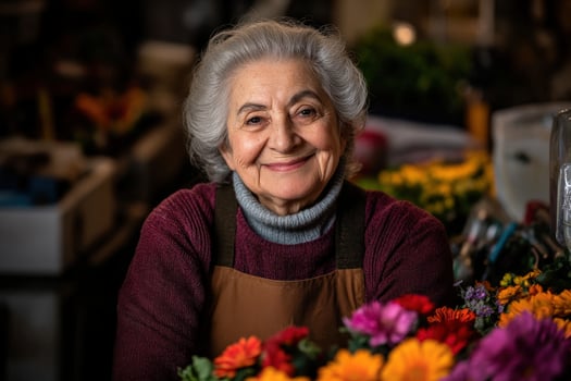 Smiling florist in a flower shop surrounded by colorful blooms photo