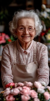 Smiling elderly woman surrounded by colorful flower arrangements photo