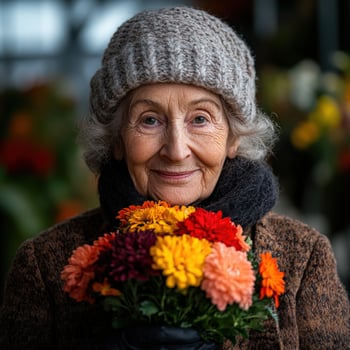 Elderly woman smiling with a bouquet of colorful flowers in a market photo