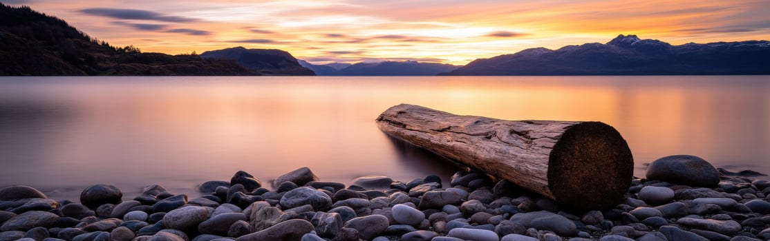 Sunset over tranquil lake with logs and stones along the shore photo