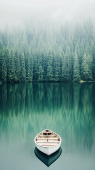 Stillness on a foggy lake with a wooden boat and dense forest photo