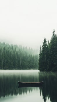 Stillness on a foggy lake with a wooden boat and dense forest photo